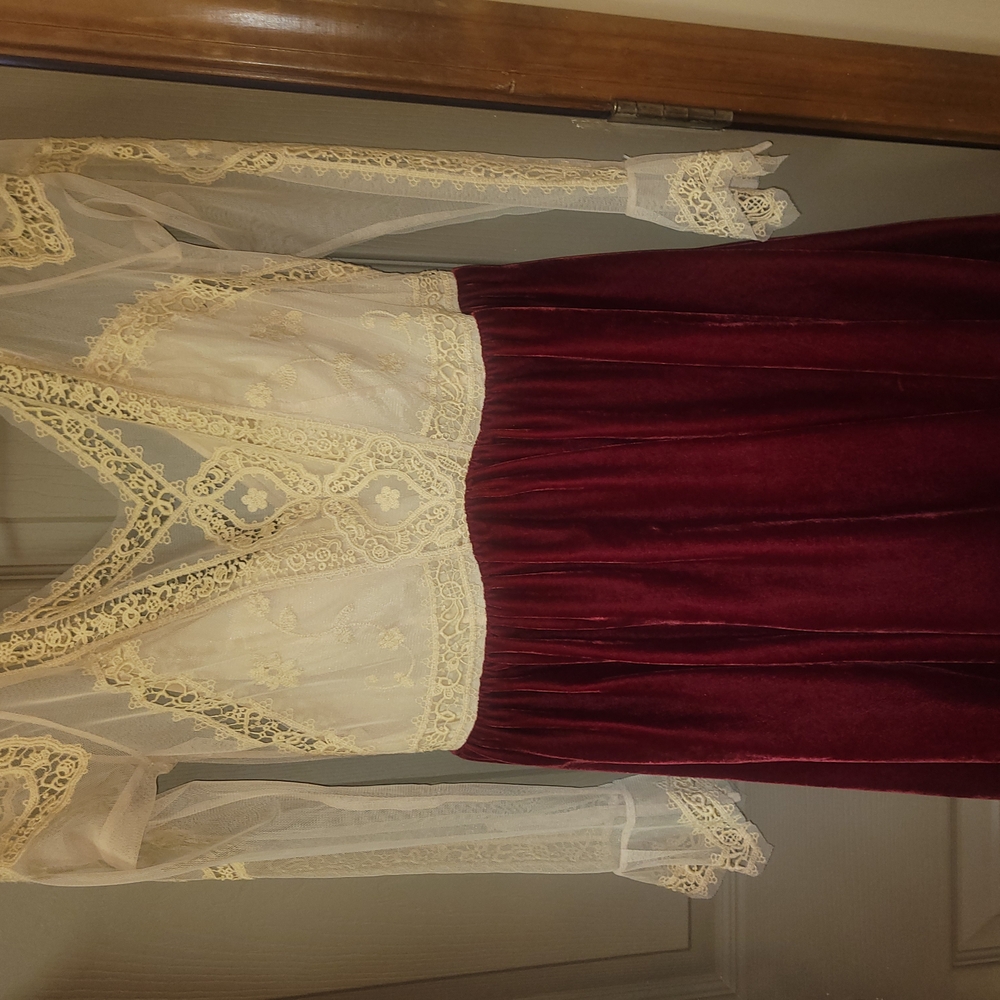 Free People Burgundy and Cream Long Sleeve Dress